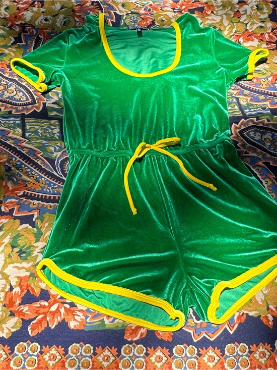 Dolls Kill Pants - Dolls Kill Green Velvet Romper with Yellow Trim